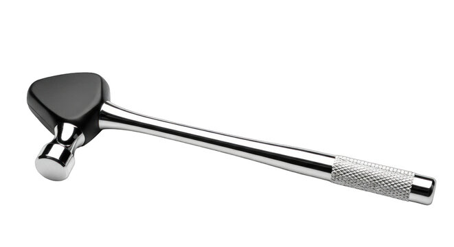 A chrome and black hammer with a textured handle.
