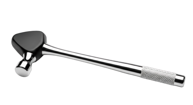 A chrome and black hammer with a textured handle.