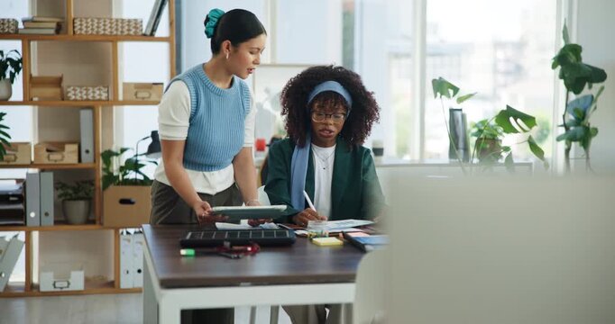 Paperwork, business women or discussion with tablet for green energy, solar panel design or idea. Tech, clean power and meeting with document for team planning, writing report and proposal in office - Powered by Adobe