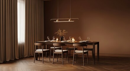 Elegant dining room setup with a dark wood table, chairs, chandelier, and curtains, creating a warm and sophisticated ambiance