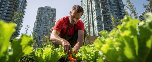 The gardener harvesting lettuce in an urban rooftop community garden with skyscrapers