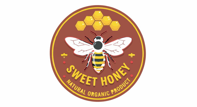 Sweet Honey Natural Organic Product vintage label vector logo with bee illustration isolated on white