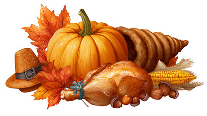 A bountiful thanksgiving harvest featuring a pumpkin turkey cornucopia and autumn leaves symbolizing abundance and gratitude