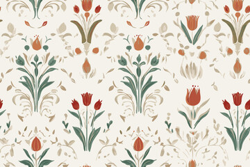 Hand drawn colourful flowers retro pattern with an Egyptian motif, featuring tulips and arabesque elements suitable for fabric,textiles, clothing,Ethnic Indian Pattern,wrapping paper, backdrop, banner