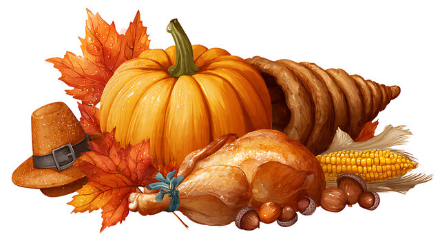 A bountiful thanksgiving harvest featuring a pumpkin turkey cornucopia and autumn leaves symbolizing abundance and gratitude