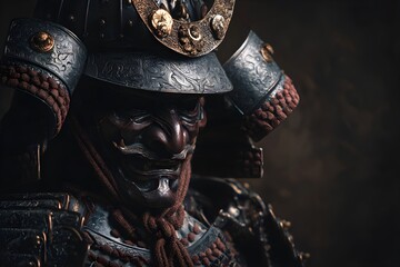 Portrait of Samurai masked Oni Devil wearing samurai armor of various silver-plated metal details, reflecting exquisite craftsmanship, contrast of light and shadow against a dark dusty background
