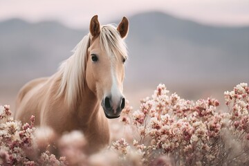 A light yellow horse standing among the blooming flowers focused on her soft eyes and the wind lifting her hair. The field was filled with cream, purple and soft pink flowers