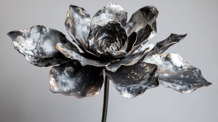 Metal scraps welded into a delicate, flower-like sculpture, industrial bloom, contrasting textures