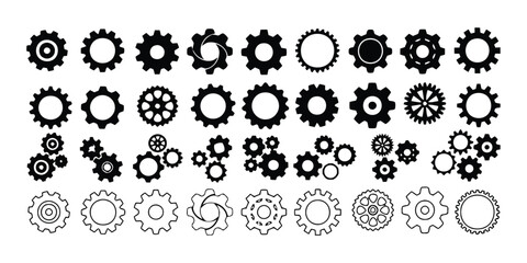 gear, cog, cogwheel, mechanical, industry, engineering, technology, machine, part, component, icon, symbol, set, collection, black, white, outline, solid, isolated, graphic, design, element, connectio