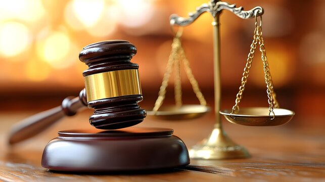 Gavel and scales of justice depict the principles of law and fair trial in a court setting