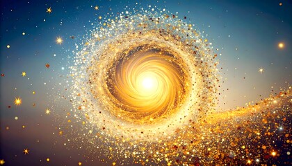 Vibrant Golden Spiral Galaxy with Glowing Celestial Core and Sparkling Stardust Particles