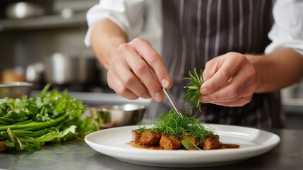A chef garnishing a gourmet dish with fresh herbs in a stylish kitchen.