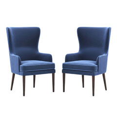 Obraz premium Pair of elegant blue velvet wingback armchairs with dark wooden legs.