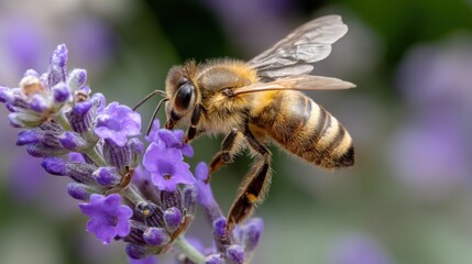 A close-up of a bee pollinating a lavender flower in a garden. 