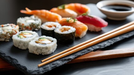 A close-up of a sushi platter with chopsticks and soy sauce on a black table. 
