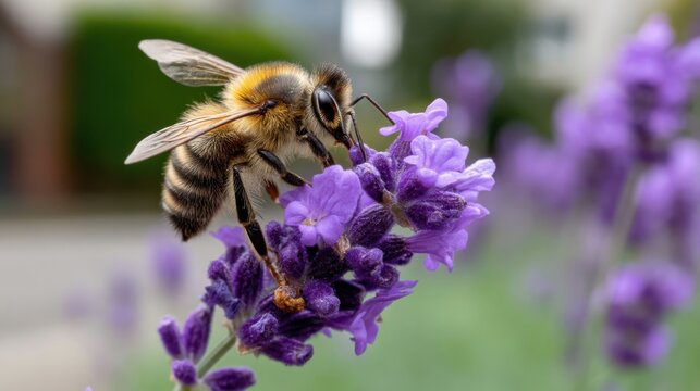 A close-up of a bee pollinating a lavender flower in a garden. 