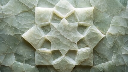 ntricate Islamic geometric star pattern, carved into a panel of translucent jade that seems to breathe with soft light, macro texture, top-down