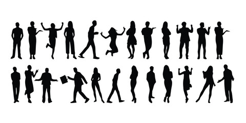 silhouette, people, person, man, woman, group, crowd, business, casual, walking, jumping, standing, posing, active, dynamic, diverse, collection, set, graphic, illustration, black, white background, h