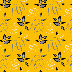 seamless botanical pattern of hand-drawn flowers and leaves on a blue background