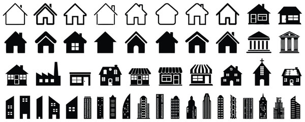 house, home, building, architecture, silhouette, icon, residential, commercial, church, factory, skyscraper, townhouse, cottage, modern, traditional, design, graphic, element, collection, set, outline