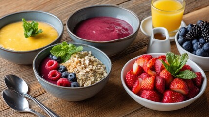 A rustic wooden table set with a healthy breakfast of smoothie bowls and fruit. 