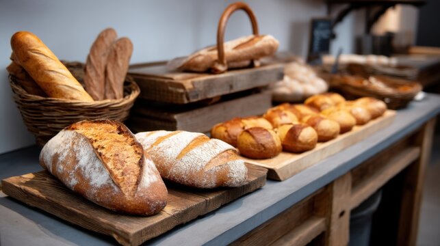 A rustic bakery display with freshly baked bread and pastries.