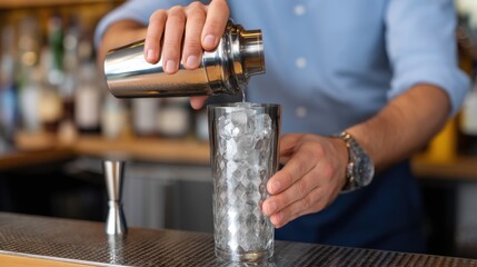 Close-up of a barman's hands shaking a cocktail with ice in a sleek shaker. 