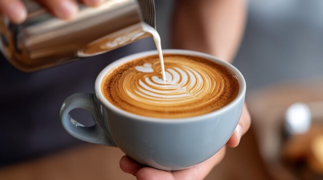 Close-up of a barista pouring latte art in a cozy coffee shop. 