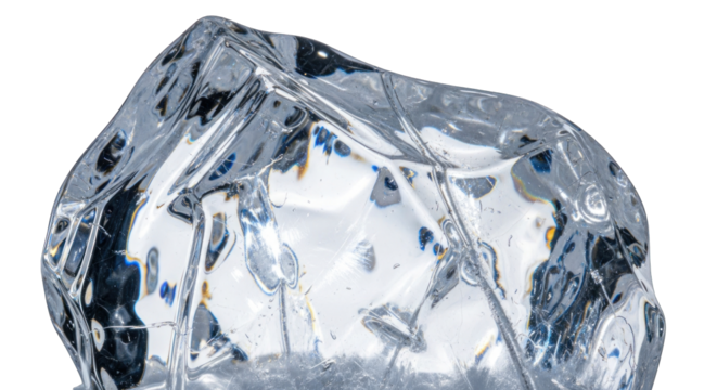Transparent ice cube with sharp edges and clear structure.