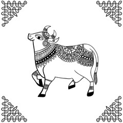 Pichwai Sacred Cow with Kollam Border – Traditional Indian Line Art