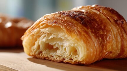 Close-up of a freshly baked croissant, flaking layers highlighted by warm light.