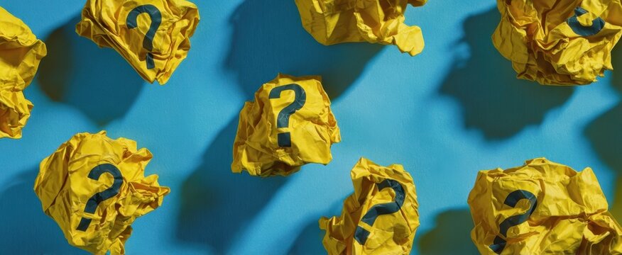 The Crumpled Yellow Papers with Question Marks Scattered on Bright Blue Background