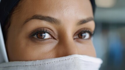 Close-up of a Saudi doctor's calm eyes, reviewing charts in a modern hospital.