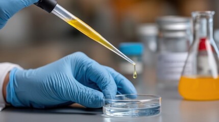 Close-up of a scientist's hands pipetting liquid in a brightly lit lab.