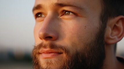 Obraz premium Close-up of a young man's bearded face, looking thoughtfully into the distance at sunset. 