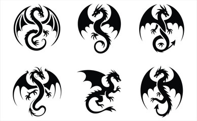 Set of Black Dragon Silhouettes - Various Poses