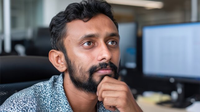 Close-up of an Indian software engineer's thoughtful expression, coding in a sleek office. 
