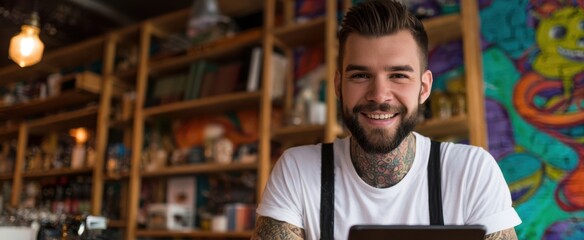 The Barista Behind the Counter Smiling in a Trendy Colorful Coffee Shop