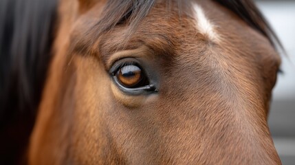 Detailed shot of a horse's soulful brown eyes, with long lashes in focus. 