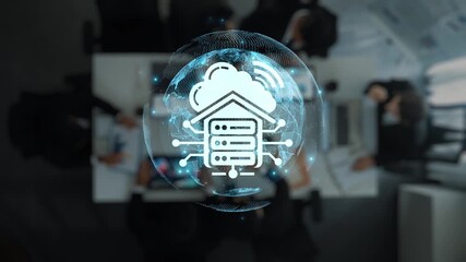 A captivating visual showcasing a cloud storage and server icon overlaying a business meeting scene, symbolizing modern data management and collaboration in a corporate environment. Raster - Powered by Adobe
