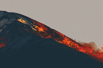 Volcano's fiery, geometric eruption against pale, neutral sky