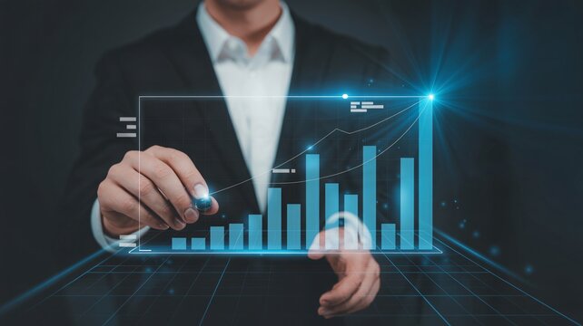 Confident businessman analyzing dynamic growth chart, projecting future success with digital innovation in modern business environment