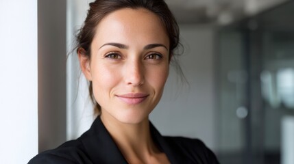 Portrait of a confident businesswoman with a subtle smile in a sleek office setting.