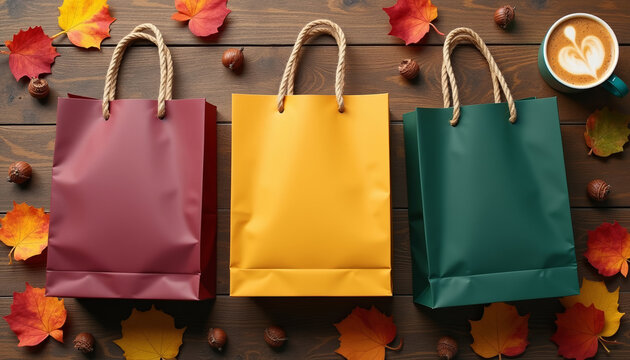 Colorful autumn shopping bags on wooden surface with leaves  