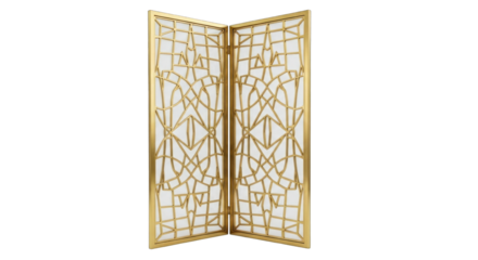 Elegant golden room divider with intricate geometric patterns.