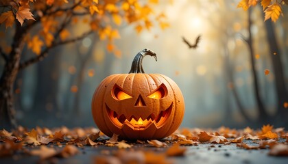 Jack-O’-Lantern Halloween Background with Glowing Pumpkin and Autumn Atmosphere