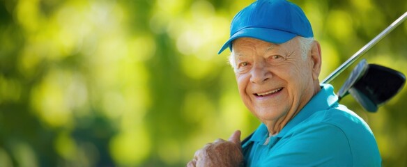 The senior golfer smiling with a club on a sunny green background