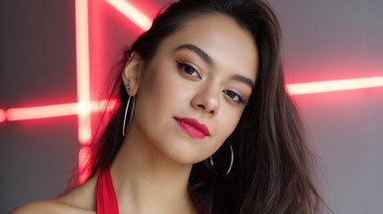 Portrait of a young woman with bold makeup, smirking confidently in neon light. 