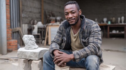 Portrait of a Zimbabwean sculptor's proud smile, carving stone in an open studio. 