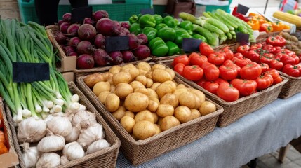 Vibrant farmers market stall with colorful fresh vegetables and fruits.